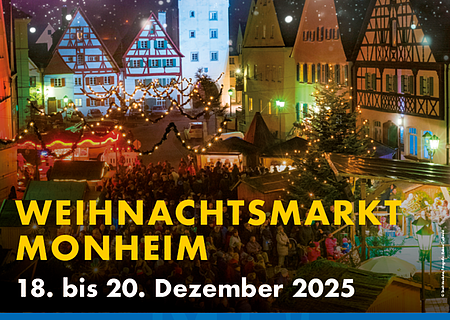 Weihnachtsmarkt Monheim 18. bis 20. Dezember 2025 Weihnachtsmarkt in Monheim mit festlich beleuchteten Fachwerkhäusern und Veranstaltungsterminen vom 18. bis 20. Dezember 2025