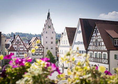 Aussicht vom Rathaus auf die Monheimer Wahrzeichen - Der Obere Torturm mit den Moserhäusern