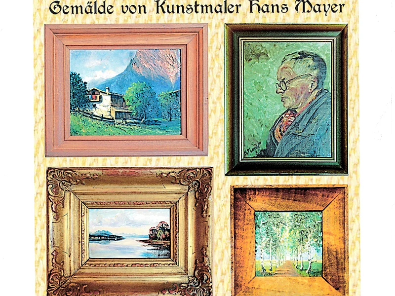 Verschiede Gemälde Teil A von Kunstmaler Hans Mayer Sechs gerahmte Gemälde vom Kunstmaler Hans Mayer, darunter Landschaften, ein Porträt eines Mannes mit Brille und ein Porträt eines Mannes mit Hut. Unter den Gemälden der Text: "genehmigte Repro: Dr. Dieter Reng"