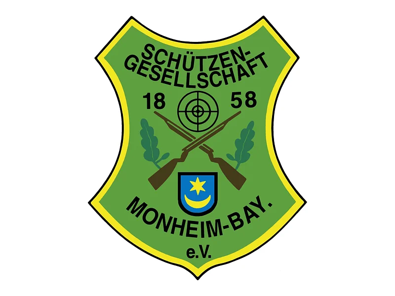 Grünes Wappen mit gelbem Rand, von der Schützengesellschaft Monheim aus Bayern. Auf dem Wappen sind zwei Gewehre, eine Zielscheibe und Eichenblätter. Ebenso steht auf dem Wappen Schützengesellschaft Monheim-Bayern e.V. und das Gründungsjahr 1858.