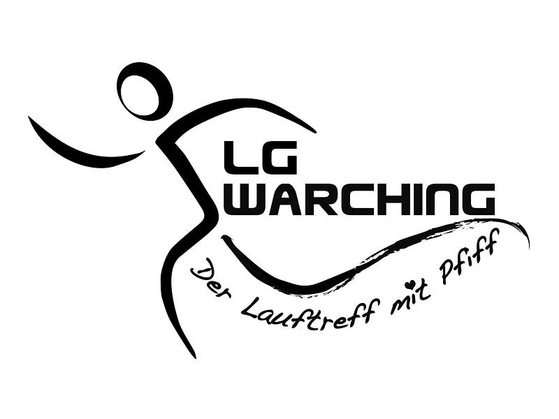 Logo mit stilisierter laufender Figur und Schriftzug „LG Warching Der Lauftreff mit Pfiff“ in Schwarz auf Weiß