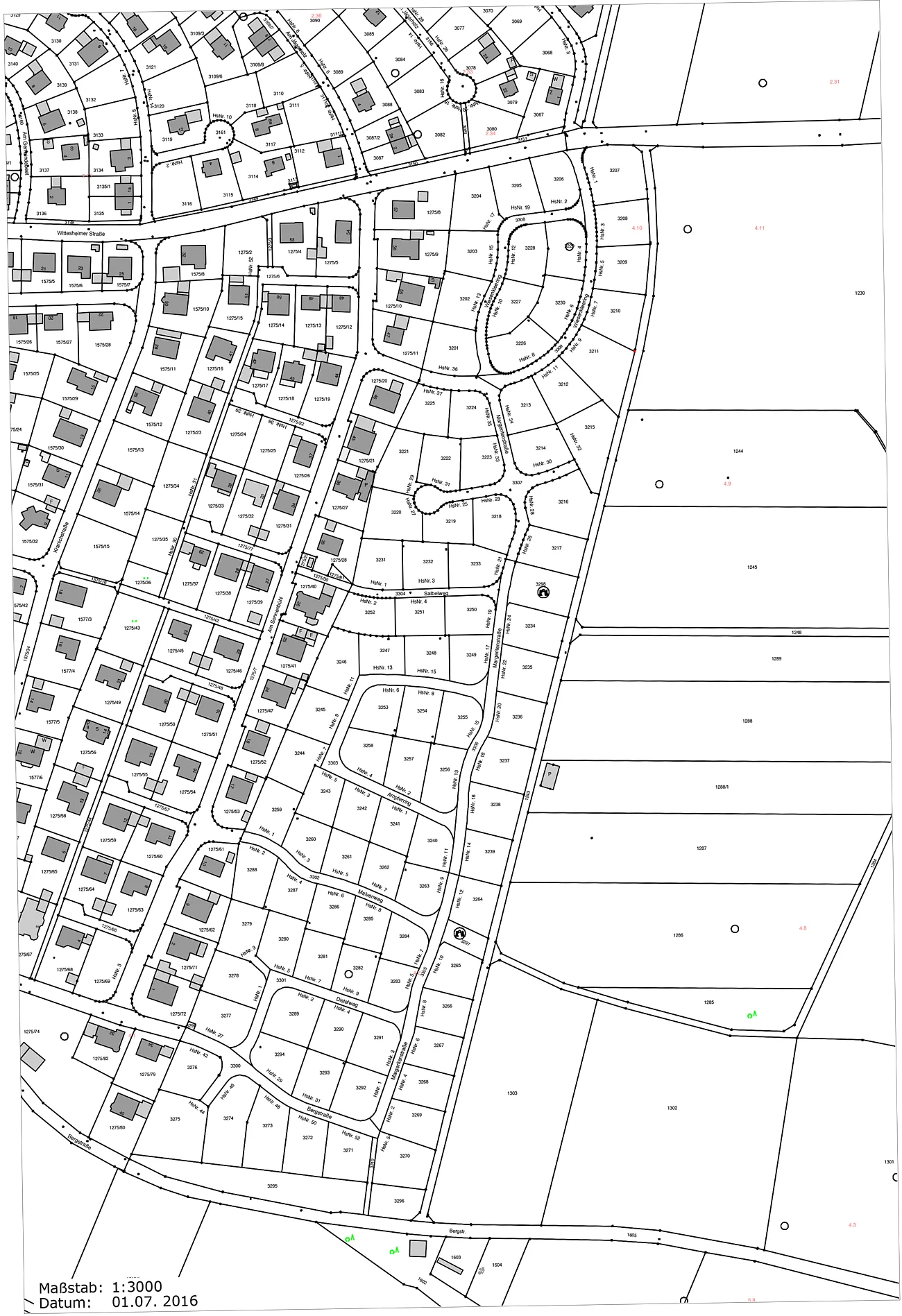Baugebiet Monheim Osterholz III Stadtplan des Baugebiets Osterholz III in Monheim, mit Straßen, Grundstücken und Gebäuden in einem Wohngebiet, Maßstab 1:3000, Datum 01.07.2016.