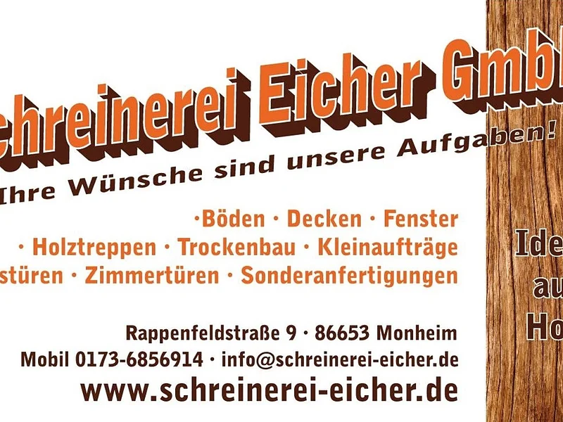 Werbeschild der Schreinerei Eicher GmbH mit Leistungen wie Böden, Decken, Fenster, Holztreppen, Trockenbau, Kleinaufträge, Haustüren, Zimmertüren, Sonderanfertigungen, Kontaktdaten und Angabe der Webseite.