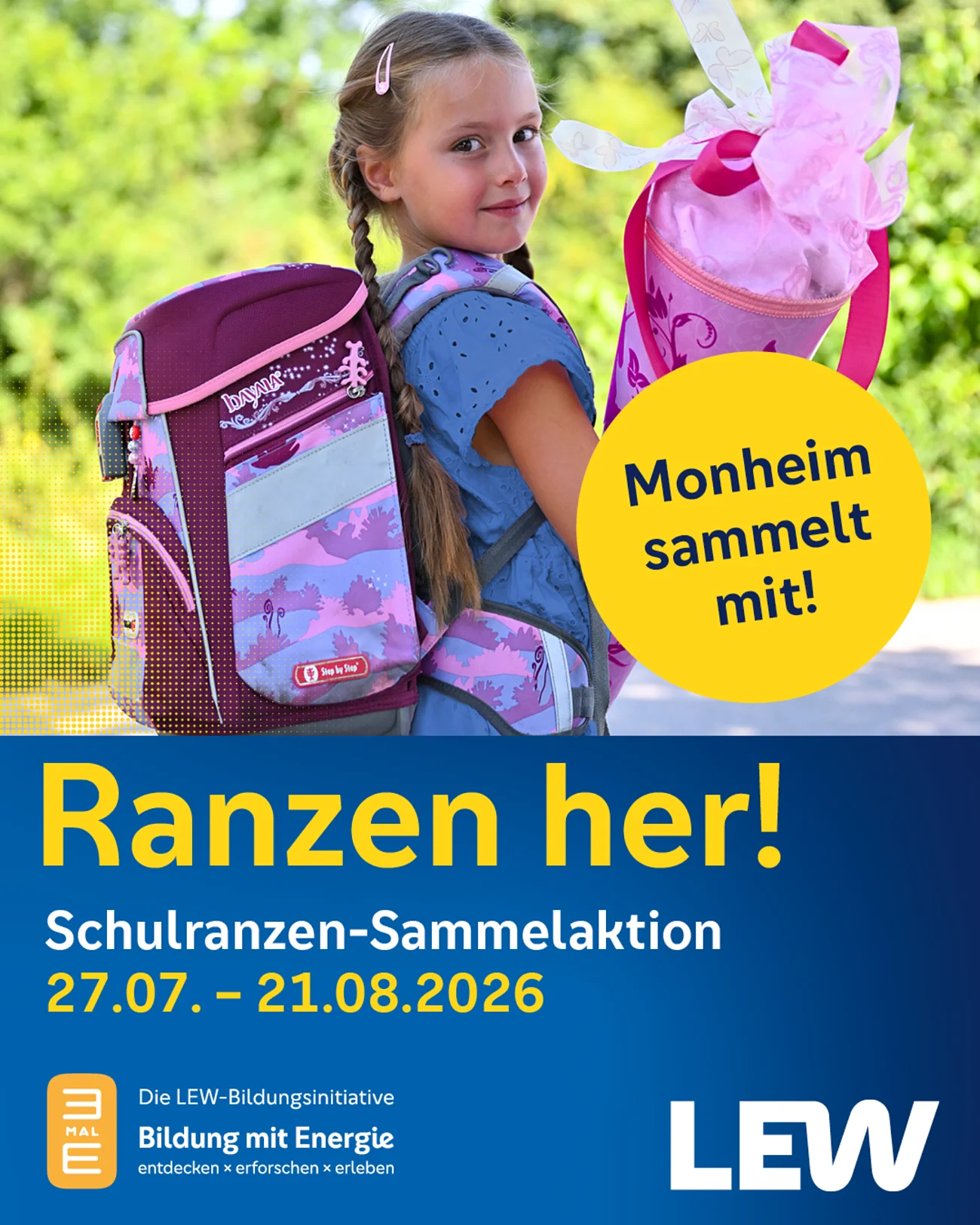 Mädchen mit Zöpfen trägt Schulranzen und Schultüte, Text zu Schulranzen-Sammelaktion in Monheim 2026