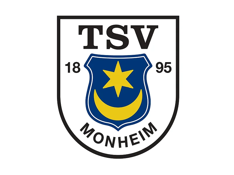 Logo des TSV Monheim: ein Wappen mit Schriftzug TSV Monheim, Jahreszahl 1895, blaues Schild mit gelbem Stern und Halbmond.