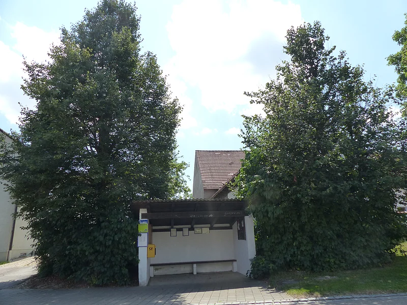 Überdachte Bushaltestelle zwischen zwei großen Bäumen an einem gepflasterten Gehweg vor einem Haus mit rotem Dach. Links davon ebenfalls ein Haus zu sehen. Auf dem Bushäuschen Aushänge mit dem Fahrplan und ein grün-blaues Schild mit der Aufschrift "SoMit Bürgerbus" angebracht.