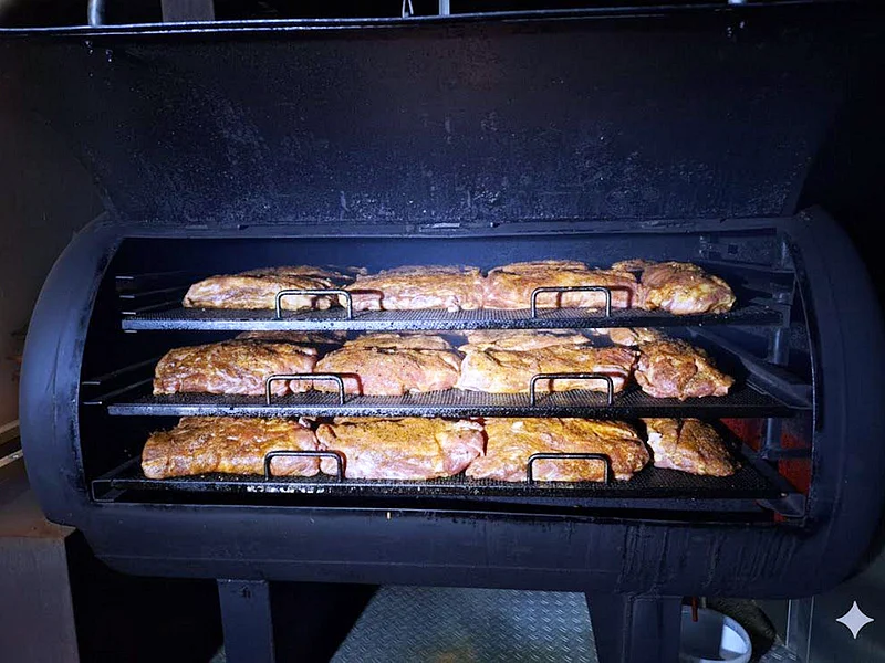 Drei Ebenen mit mariniertem Fleisch liegen in einem geöffneten Smoker.
