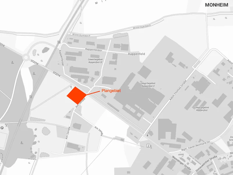 Kartenausschnitt mit rotem Plangebiet südlich der Wemding Straße in Monheim, Maßstab 1:10.000.
