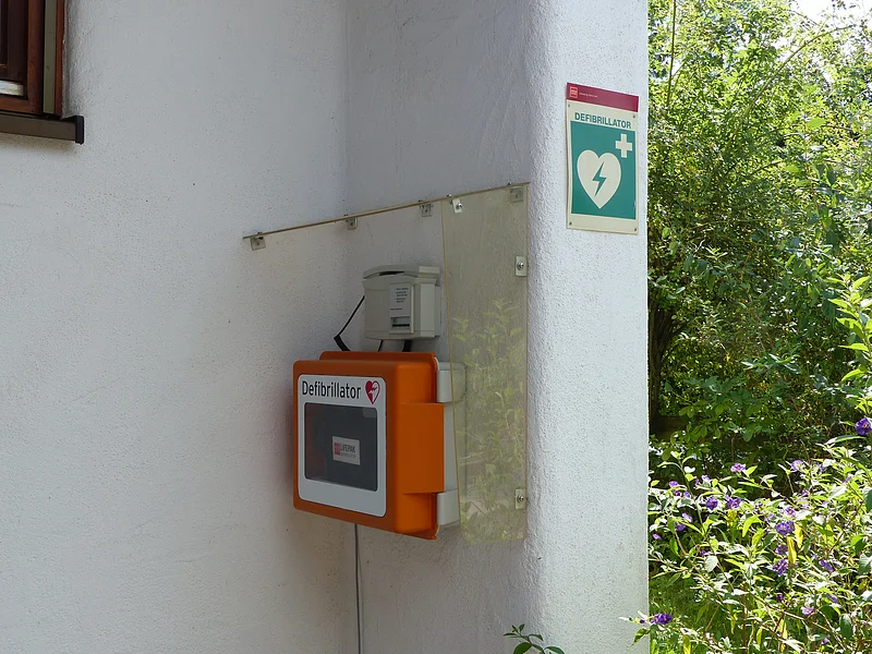 Defibrillator in orangefarbener Box an weißer Außenwand mit grünem Schild daneben und Pflanzen rechts daneben.