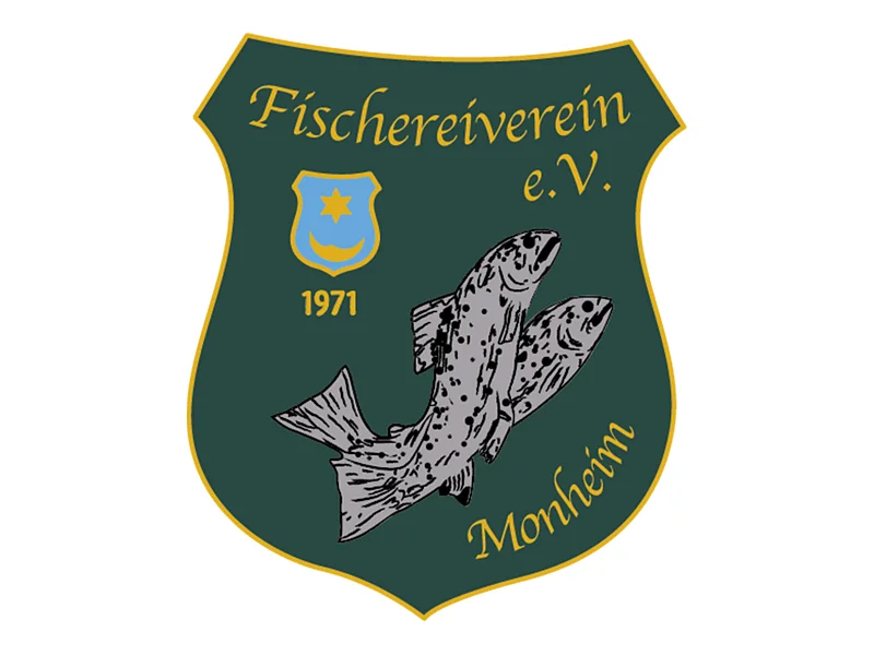 Wappen des Fischereivereins Monheim mit zwei grauen Fischen, einem blauen Wappen und der Jahreszahl 1971 darunter, auf einem dunkel grünen Hintergrund.