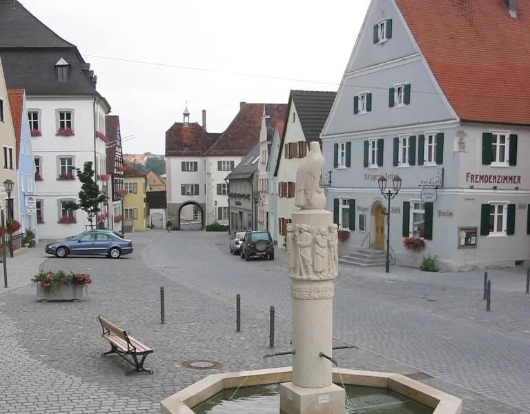 Im Vordergrund ein grauer achteckiger Brunnen aus Jura-Stein mit einer Säule und einer darauf Sitzenden Skulptur des Adlers. Brunnen ist mit Wasser befüllt auf einem gepflastertem Platz mit Häusern und parkenden Autos am Straßenrand. Blumen links unten im Bild im Vordergrund.