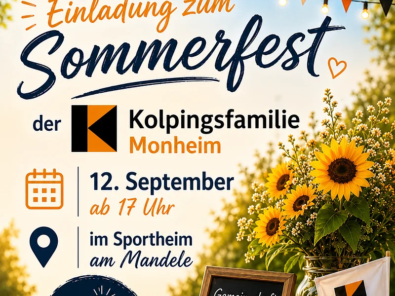 Kolping Sommerfest 12.09.2026 Einladung zum Sommerfest der Kolpingsfamilie Monheim am 12. September ab 17 Uhr im Sportheim am Mandele. Plakat mit Sonnenblumen und Kolping Logo