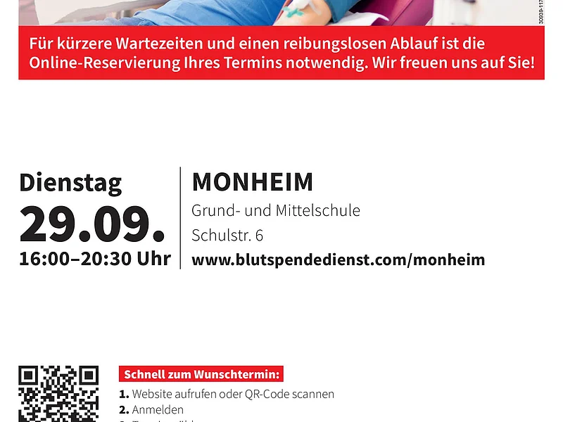 Blutspendetermin in Monheim 29.09.2026 Frau liegt auf Blutspendestation, Arm mit Blutdruckmanschette, Text zur Terminreservierung und Blutspendetermin in Monheim am 29.09. von 16 bis 20:30 Uhr.