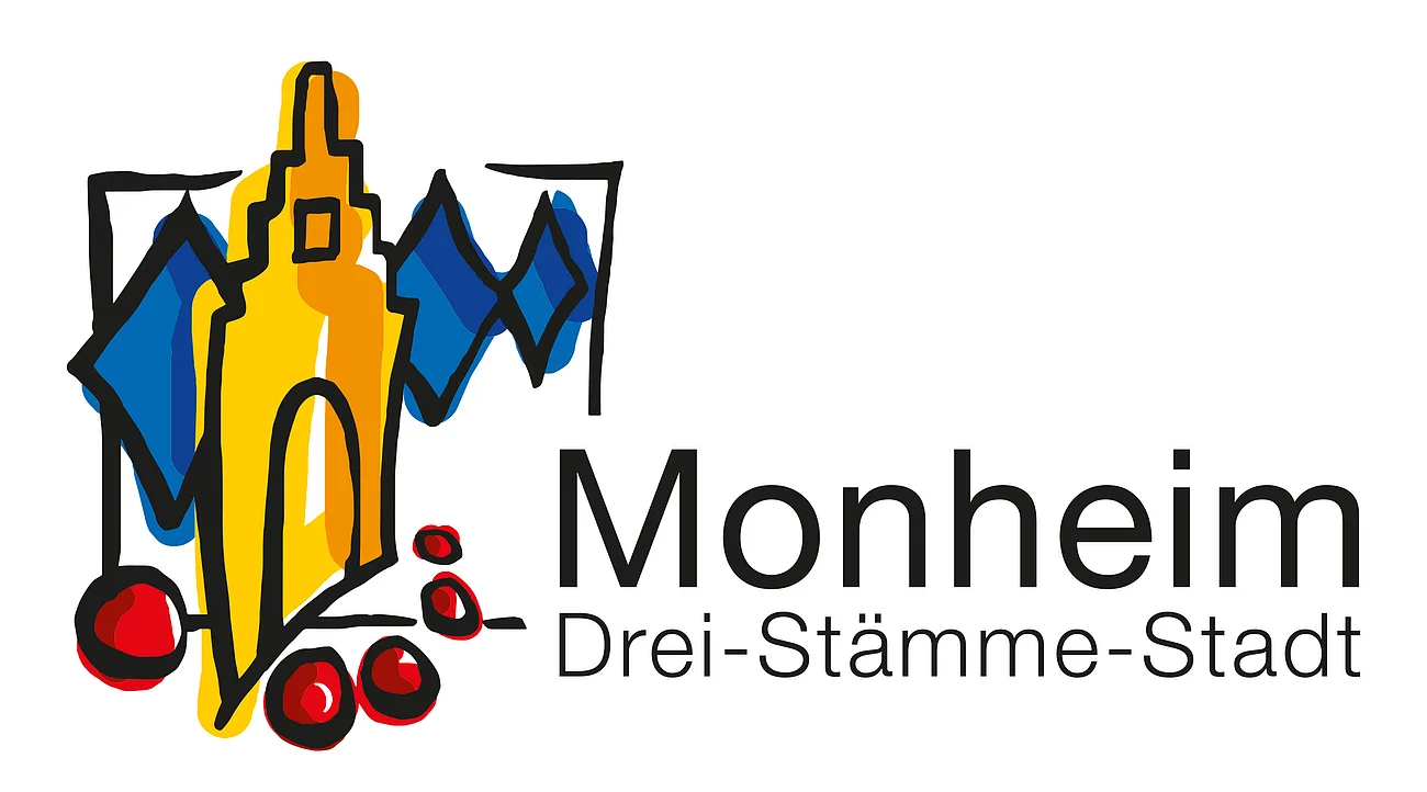 Logo der Stadt Monheim mit stilisiertem gelben Gebäude, blauen Rauten und roten Kreisen. Text: "Monheim Drei-Stämme-Stadt".