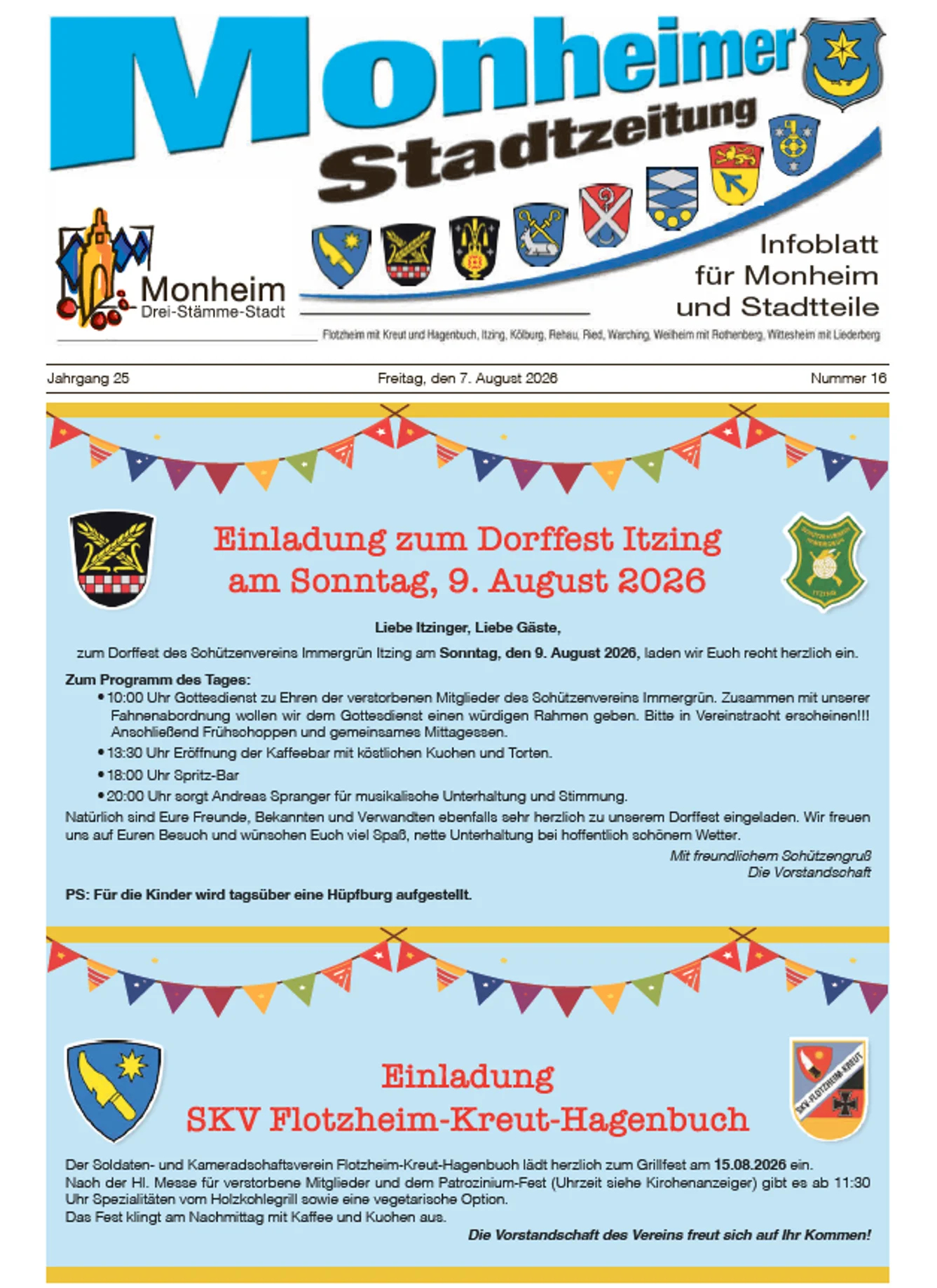Titelseite der Monheimer Stadtzeitung Ausgabe 16-2026 Titelblatt der Monheimer Stadtzeitung vom 07. August 2026 mit der dazugehörigen Überschrift in blau/schwarz, Wappen der Stadt Monheim und der dazugehörigen Stadtteile und mit dem Logo der Stadt Monheim. Auf der Titelseite die Einladung zum Dorffest in Itzing am 09.08.2026 mit Programmpunkten und die Einladung zum Grillfest des SKV Flotzheim-Kreut-Hagenbuch am 15. August 2026