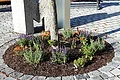 Runde Blumenbeetfläche mit bunten Blumen darin, umgeben von Pflastersteinen, vor einer großen Steinstruktur des Buchstaben "M". Die Skulptur ist Teil des Monheimer Buchstabenweges. Das Blumenbeet ist Teil des Projekts "Wir lassen Monheim blühen".