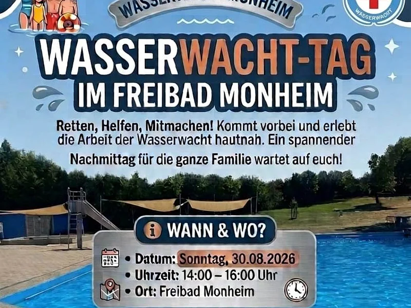 "Wasserwacht-Tag" im Freibad Monheim Plakat Wasserwacht-Tag Freibad Monheim am 30.08.2026 von 14 bis 16 Uhr mit Erste-Hilfe-Stationen und Einsatz-Demonstrationen.
Auf dem Bild ist das Logo der Wasserwacht und Programm-Hinweise