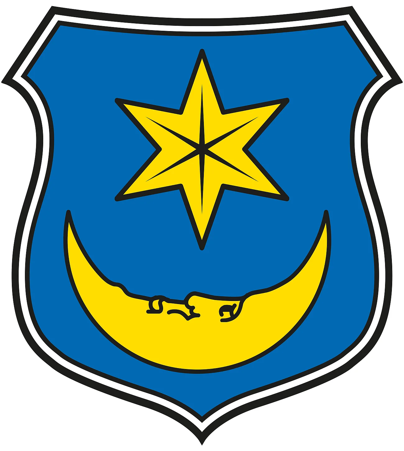 Das Wappen von der Stadt Monheim: mit einem gelbem Stern oben und einem gelbem Halbmond unten auf blauem Hintergrund. Schwarz/weiße Umrandung.