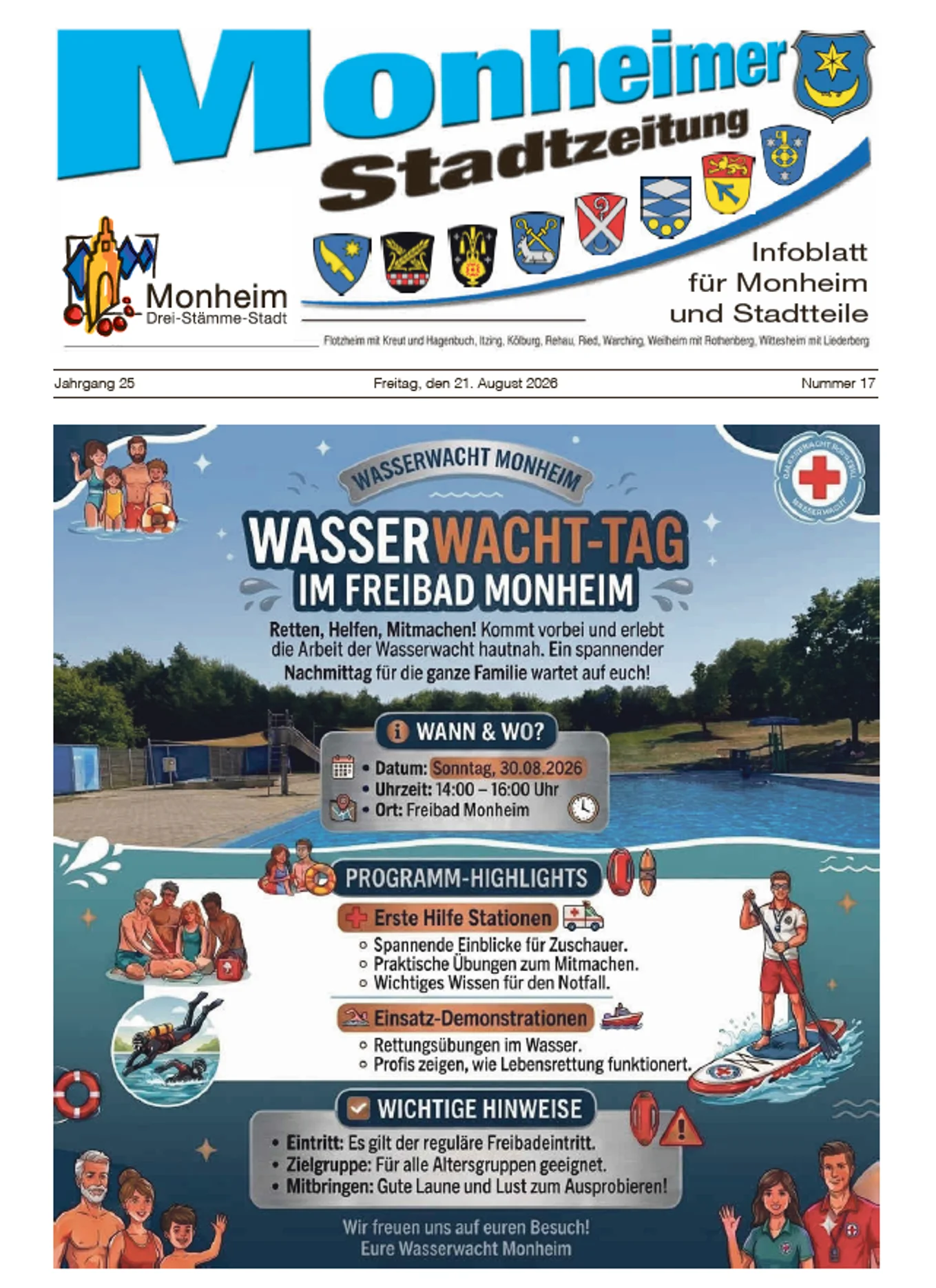 Titelseite der Monheimer Stadtzeitung Ausgabe 17-2026 Titelblatt der Monheimer Stadtzeitung vom 21. August 2026 mit der dazugehörigen Überschrift in blau/schwarz, Wappen der Stadt Monheim und der dazugehörigen Stadtteile und mit dem Logo der Stadt Monheim. Auf der Titelseite die Ankündigung des Wasserwacht-Tags im Freibad Monheim am 30.08.2026 von 14-16 Uhr mit Erste Hilfe Stationen und Einsatz-Demonstrationen