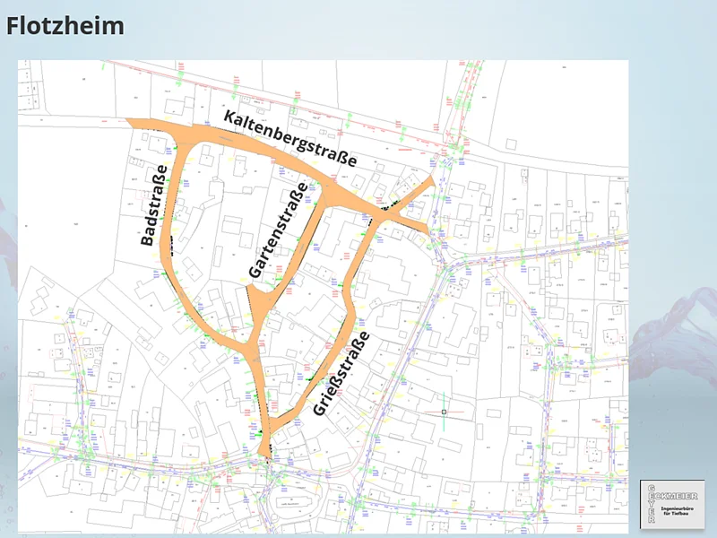 Karte Flotzheim - Vom Sanierungsgebiet betroffene Straßen Kartenausschnitt von Flotzheim mit orange hervorgehobenen Straßen Badstraße, Kaltenbergstraße, Gartenstraße und Grießstraße.