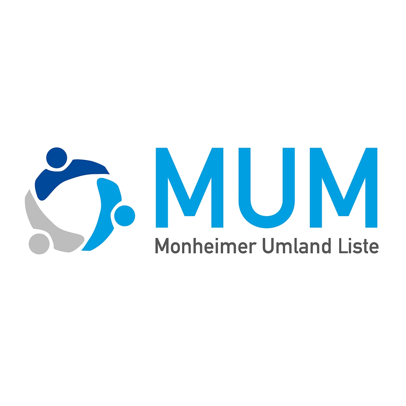 Logo der Monheimer Fraktion MUM - Monheimer Umland Liste, mit drei stilisierten Figuren in blau und grau. Rechts davon der Text "MUM Monheimer Umland Liste".