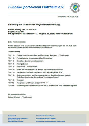 Einladung zur ordentlichen Mitgliederversammlung am 18.07.2025