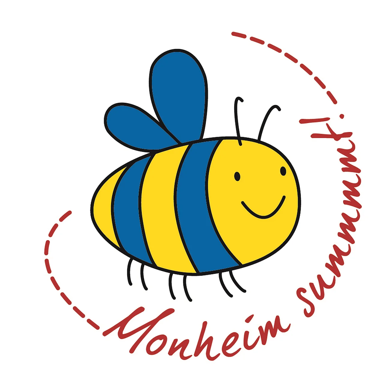 Logo vom Partner des Netzwerks "Deutschland summt!", nämlich "Monheim summt!" mit dem gleichnamigen Schriftzug und einer lächelnden gezeichneten blau-gelben Biene. Um die Biene eine gestrichelte Fluglinie.