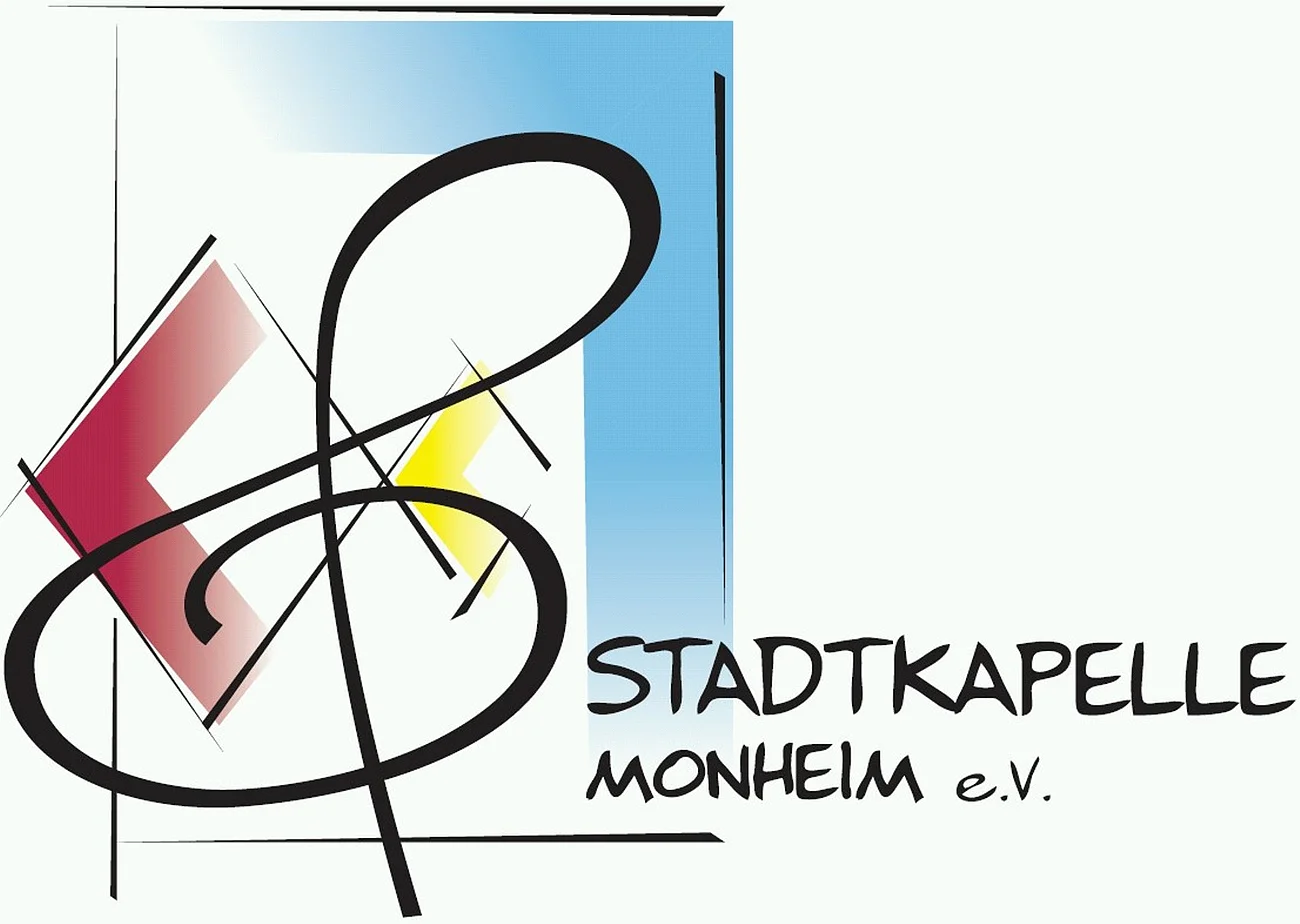 Logo der Stadtkapelle Monheim e.V. Logo der Stadtkapelle Monheim e.V. mit stilisiertem Notenschlüssel und geometrischen Formen in Rot, Gelb und Blau.