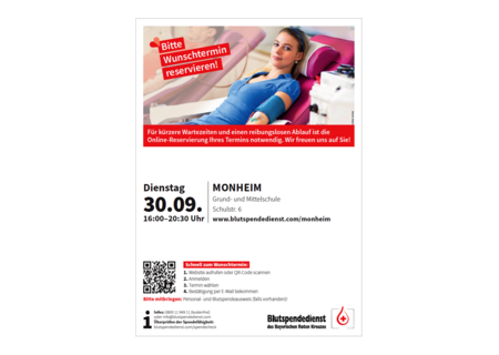 Der nächste Blutspende-Termin in Monheim findet am 30.09.2025 in der Grund- und Mittelschule Monheim statt.