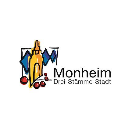 Das Logo der Stadt Monheim: mit stilisiertem Gebäude, blauen Rauten und roten Kreisen. Text: "Monheim Drei-Stämme-Stadt".