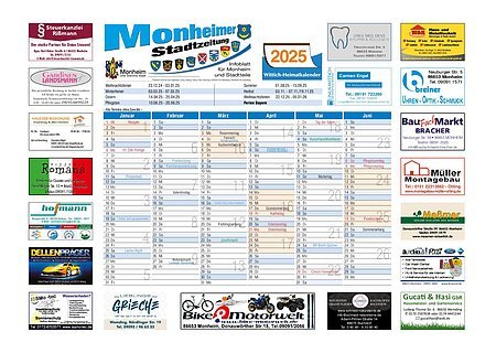 Kalenderblatt für 2025 mit Feiertagen und Veranstaltungen in Monheim, umgeben von Werbeanzeigen lokaler Unternehmen.