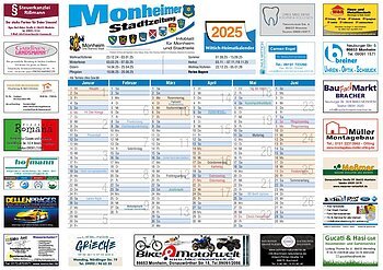 Wittich Heimat Kalender 2026 Kalenderblatt für 2025 mit Feiertagen und Veranstaltungen in Monheim, umgeben von Werbeanzeigen lokaler Unternehmen.