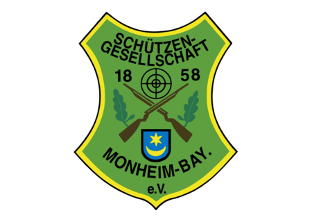 Grünes Wappen mit gelbem Rand, von der Schützengesellschaft Monheim aus Bayern. Auf dem Wappen sind zwei Gewehre, eine Zielscheibe und Eichenblätter. Ebenso steht auf dem Wappen Schützengesellschaft Monheim-Bayern e.V. und das Gründungsjahr 1858.