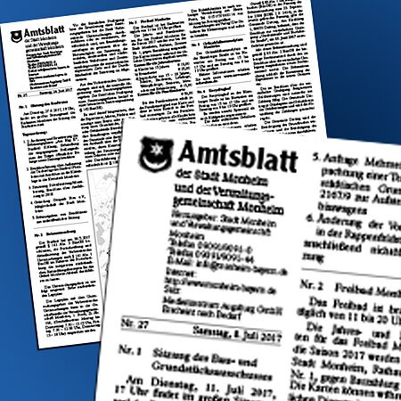 Ein Bild zweier Ausgaben des Monheimer Amtsblatts mit Text und offiziellen Ankündigungen auf blauem Hintergrund. Links oben in der Ecke des Amtsblatts ist das Wappen von Monheim zu sehen.