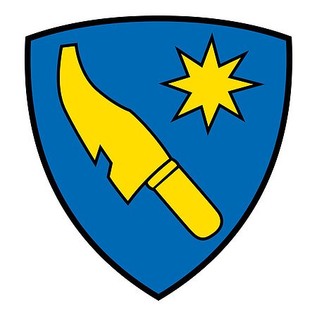 Das Wappen des Monheimer Stadtteils Flotzheim. Auf dem Wappen ist ein gelbes Schwert und ein gelber Stern auf blauem Hintergrund zu sehen.