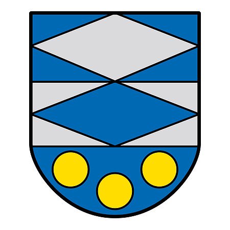 Das Wappen des Monheimer Stadtteils Warching. Auf dem Wappen ist eine graue Raute auf blauem Hintergrund und eine blaue Raute auf grauem Hintergrund, mit einem hellblauem Punkt in der Mitte der Raute zu sehen. Unten auf dem Wappen sind drei gelbe Kreise auf blauem Hintergrund zu sehen.