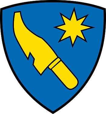 Wappen Flotzheim Das Wappen des Monheimer Stadtteils Flotzheim. Auf dem Wappen ist ein gelbes Schwert und ein gelber Stern auf blauem Hintergrund zu sehen.