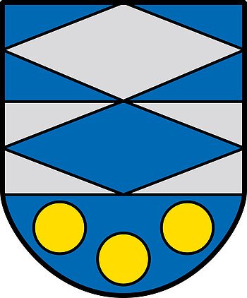 Das Wappen des Monheimer Stadtteils Warching. Auf dem Wappen ist eine graue Raute auf blauem Hintergrund und eine blaue Raute auf grauem Hintergrund, mit einem hellblauem Punkt in der Mitte der Raute zu sehen. Unten auf dem Wappen sind drei gelbe Kreise auf blauem Hintergrund zu sehen.