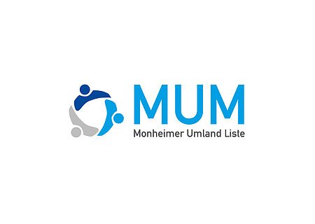 Logo der Monheimer Fraktion MUM - Monheimer Umland Liste, mit drei stilisierten Figuren in blau und grau. Rechts davon der Text "MUM Monheimer Umland Liste".