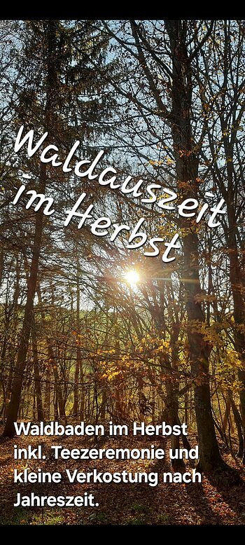 Waldbaden im Herbst 2025 - Waldauszeit im Herbst in Monheim Herbstlicher Wald mit Sonnenstrahlen, Text: "Waldauszeit im Herbst", "Waldbaden im Herbst inkl. Teezeremonie und Verkostung".