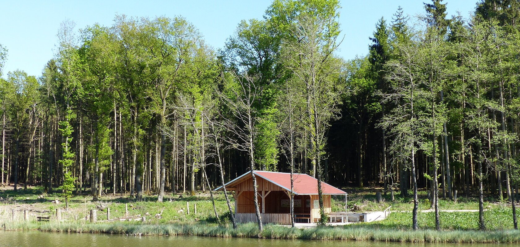 Fischereilehrhütte in Monheim mit rotem Dach am Ufer eines Weihers, umgeben von Bäumen und Wald im Hintergrund.