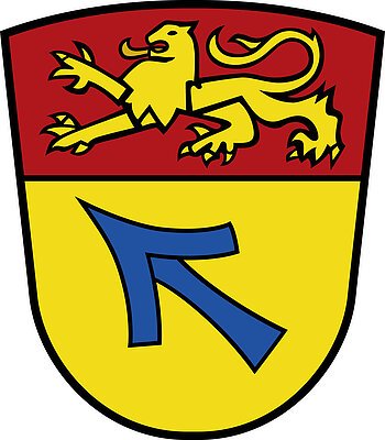 Das Wappen des Monheimer Stadtteils Weilheim. Wappen mit gelbem Löwen auf rotem Hintergrund oben und blauem Pfeil auf gelbem Hintergrund unten.