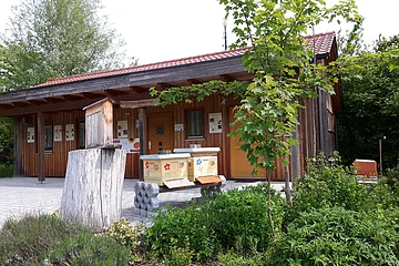Lehrbienenstand in Monheim: ein Holzgebäude mit rotem Dach, umgeben von Bäumen und Sträuchern, im Vordergrund ein Baumstumpf und Bienenkästen.