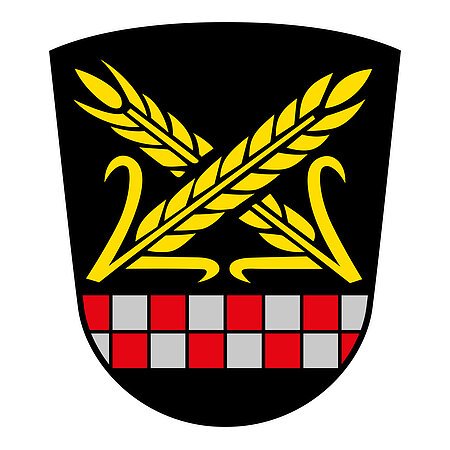 Das Wappen des Monheimer Stadtteils Itzing. Wappen mit zwei gekreuzten goldenen Ähren über einem rot-silbernen Schachbrettmuster auf schwarzem Hintergrund.