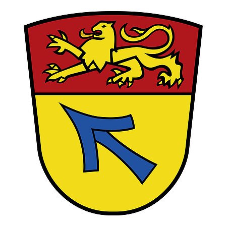 Das Wappen des Monheimer Stadtteils Weilheim. Wappen mit gelbem Löwen auf rotem Hintergrund oben und blauem Pfeil auf gelbem Hintergrund unten.
