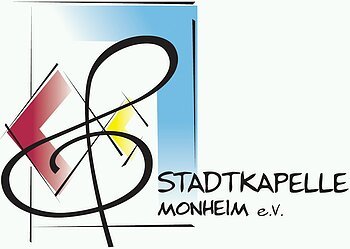 Logo der Stadtkapelle Monheim e.V. mit stilisiertem Notenschlüssel und geometrischen Formen in Rot, Gelb und Blau.