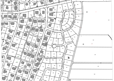 Stadtplan des Baugebiets Osterholz III in Monheim, mit Straßen, Grundstücken und Gebäuden in einem Wohngebiet, Maßstab 1:3000, Datum 01.07.2016.