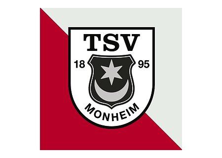 Logo des Turn- und Sportvereins Monheim in schwarz/weiß, mit einem Stern und Halbmond in der Mitte, links und rechts aufgeteilt die Jahreszahl 1895. Das Logo ist auf rot-grauem Hintergrund.