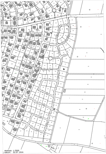 Stadtplan des Baugebiets Osterholz III in Monheim, mit Straßen, Grundstücken und Gebäuden in einem Wohngebiet, Maßstab 1:3000, Datum 01.07.2016.