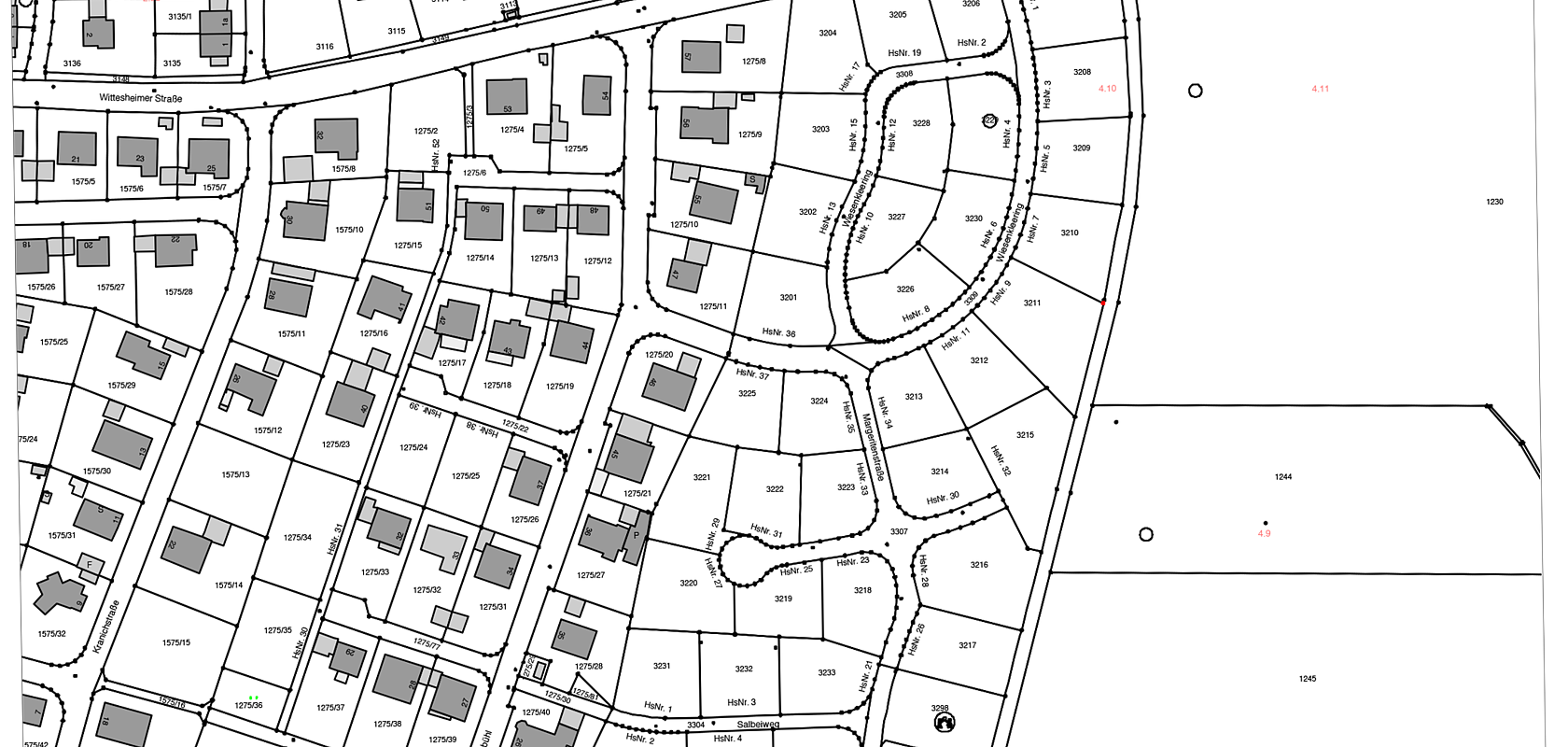 Stadtplan des Baugebiets Osterholz III in Monheim, mit Straßen, Grundstücken und Gebäuden in einem Wohngebiet, Maßstab 1:3000, Datum 01.07.2016.